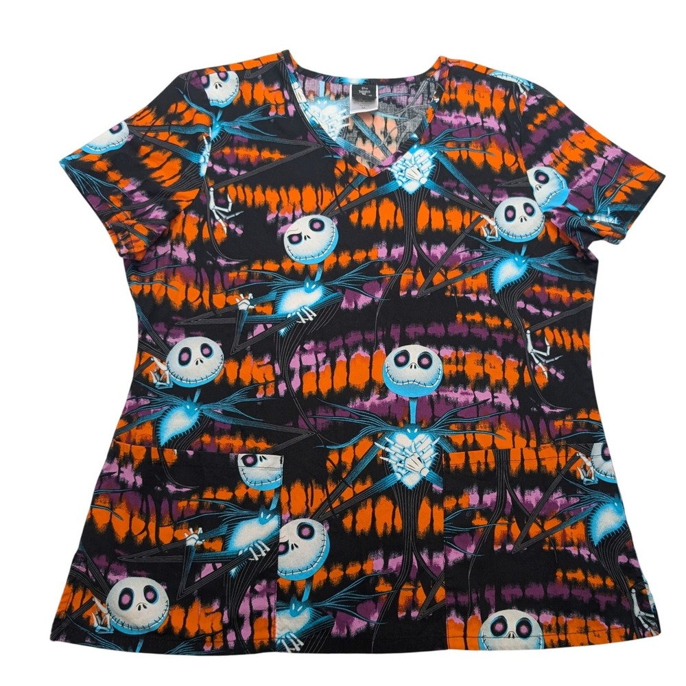 Disney Nightmare Before Christmas Scrub Top Women M Orange Tie Dye Jack